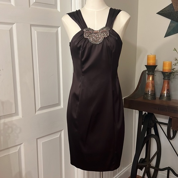 David Meister Dresses & Skirts - David Meister Brown Rhinestone Halter Neck Evening Dress Sheath Stretch